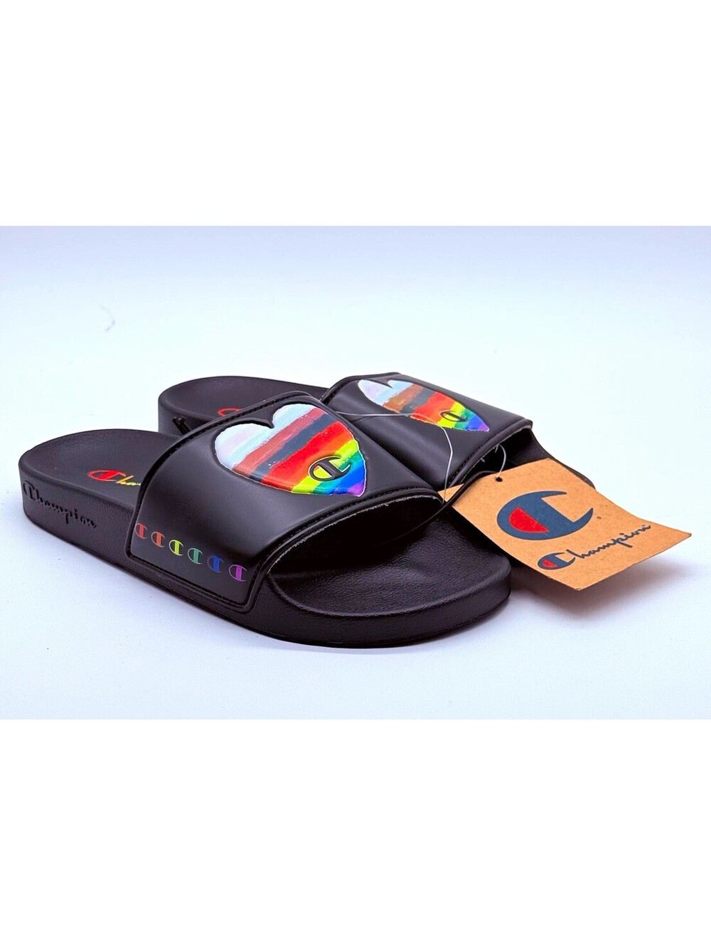 Champion Women’s Black Rainbow Slide Sandals Faux Leather Slip-On US 5 EU35